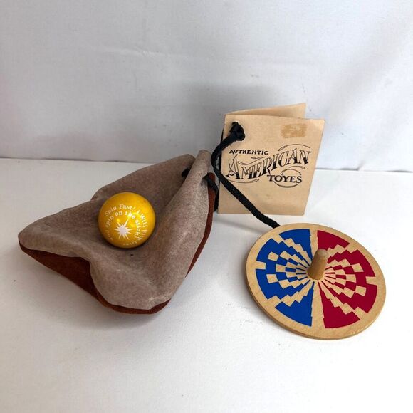 Authentic American Toyes Wooden Spinning Toy Tops Whirlygig Flip Over Top Pouch - Picture 1 of 10